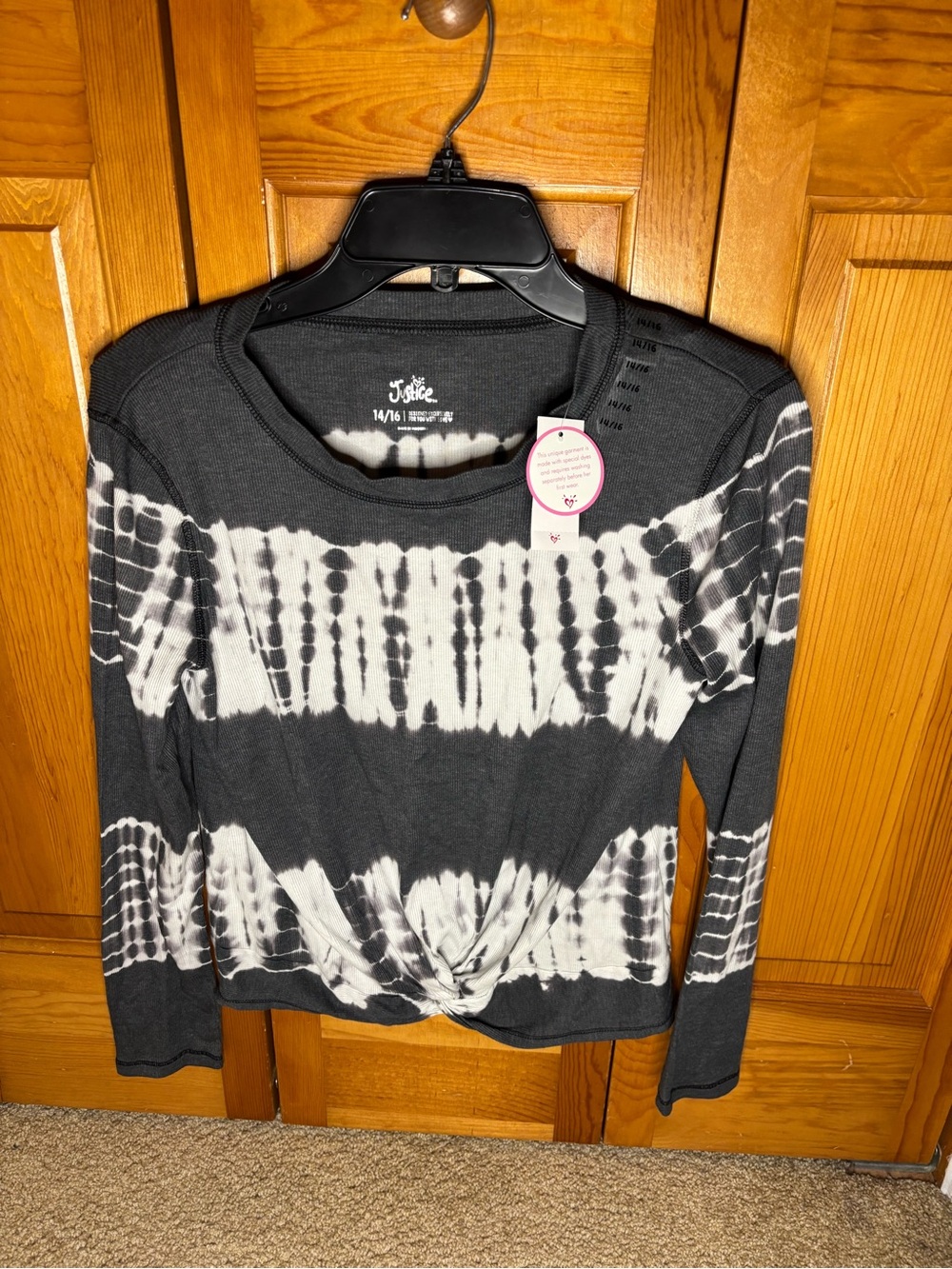 Justice Black & White Tie-Dye Long Sleeve Twist Front Top